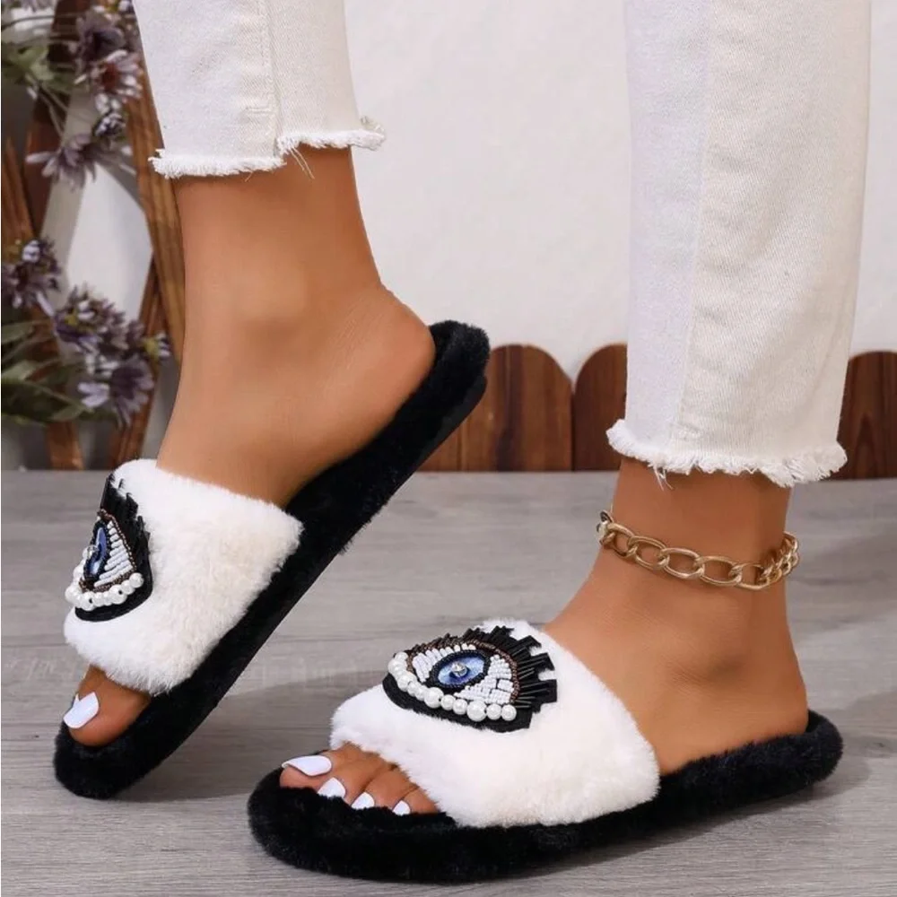 Bejeweled Evil Eye Slippers, Evil Eye Fuzzy Slippers - Picture 9 of 10